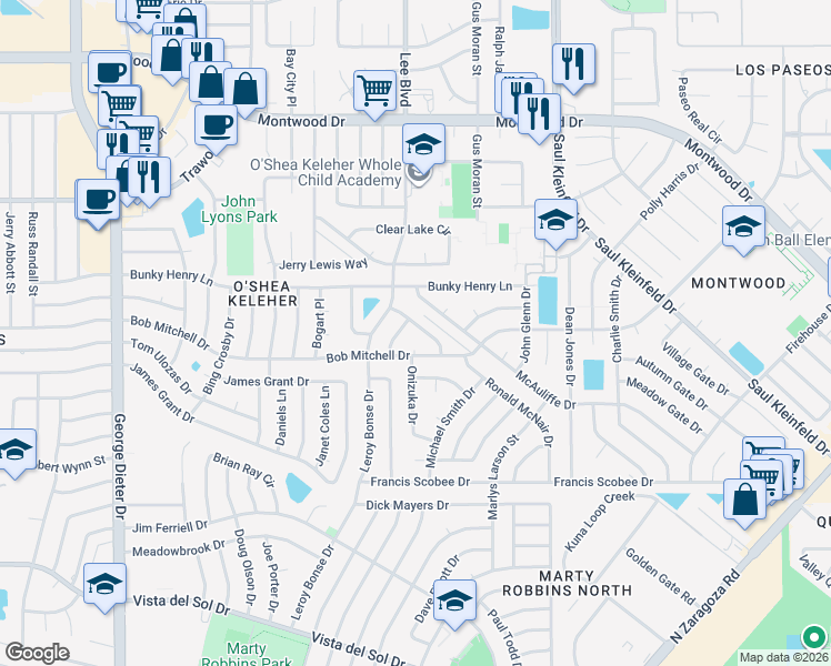 map of restaurants, bars, coffee shops, grocery stores, and more near 11640 McAuliffe Drive in El Paso