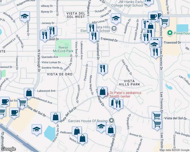 map of restaurants, bars, coffee shops, grocery stores, and more near 1460 Monte Negro Drive in El Paso