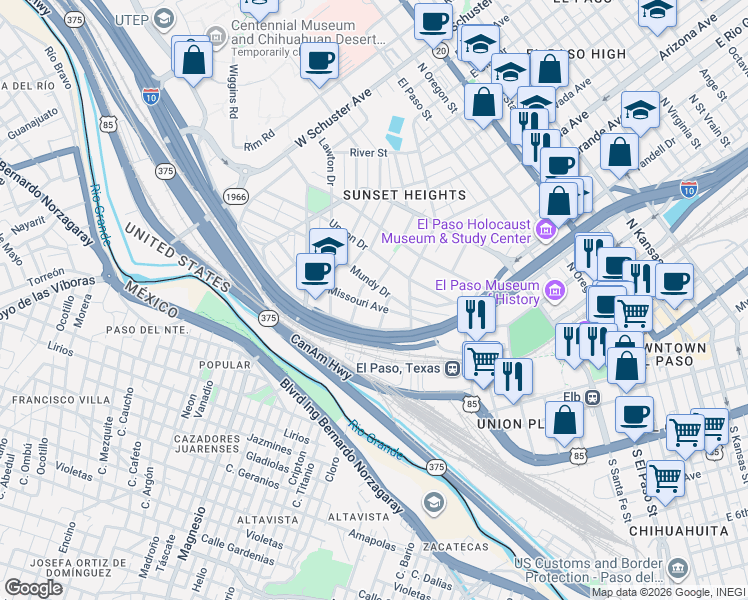 map of restaurants, bars, coffee shops, grocery stores, and more near in El Paso