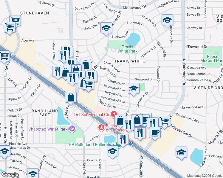 map of restaurants, bars, coffee shops, grocery stores, and more near 7824 Hemlock Street in El Paso
