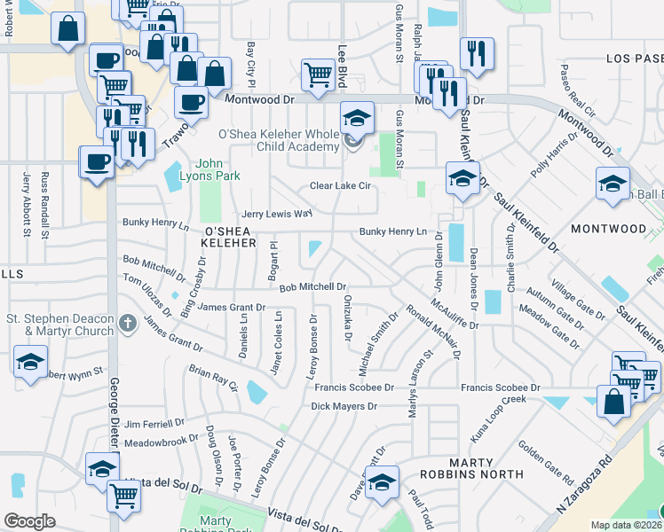 map of restaurants, bars, coffee shops, grocery stores, and more near 1738 Leroy Bonse Drive in El Paso