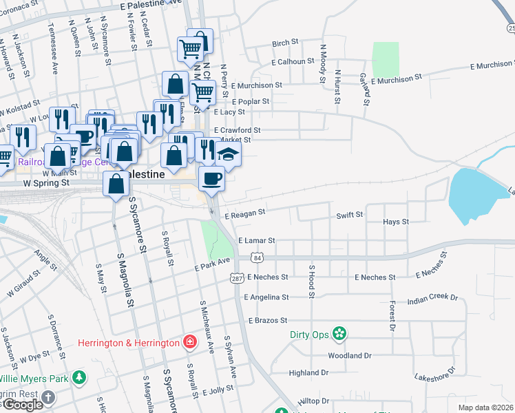map of restaurants, bars, coffee shops, grocery stores, and more near 545 East Reagan Street in Palestine