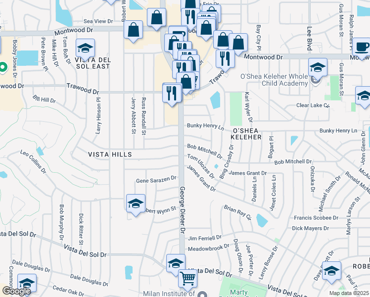 map of restaurants, bars, coffee shops, grocery stores, and more near 11400 Bob Mitchell Drive in El Paso