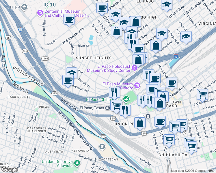 map of restaurants, bars, coffee shops, grocery stores, and more near 516 Prospect Street in El Paso