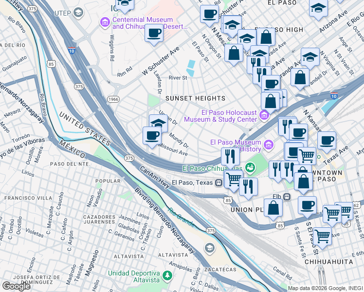 map of restaurants, bars, coffee shops, grocery stores, and more near 706 Upson Drive in El Paso
