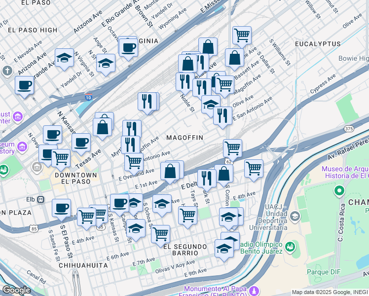 map of restaurants, bars, coffee shops, grocery stores, and more near 53 North Tays Street in El Paso