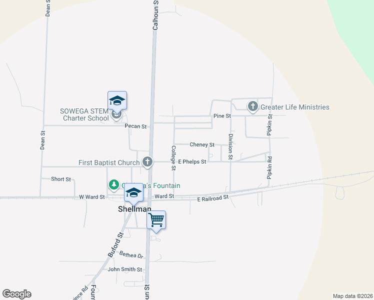 map of restaurants, bars, coffee shops, grocery stores, and more near 68 Cheney Street in Shellman