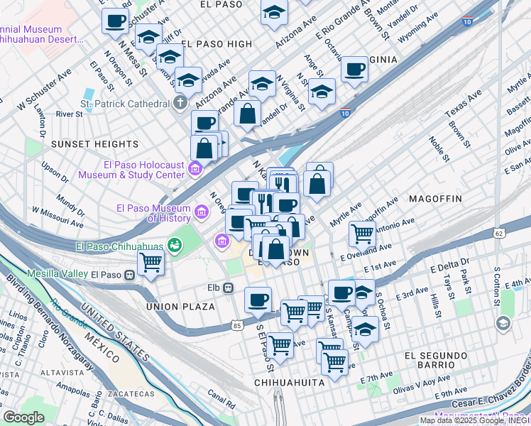 map of restaurants, bars, coffee shops, grocery stores, and more near 215 West Main Drive in El Paso