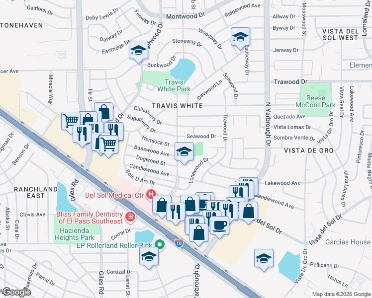 map of restaurants, bars, coffee shops, grocery stores, and more near 1212 Sumac Drive in El Paso