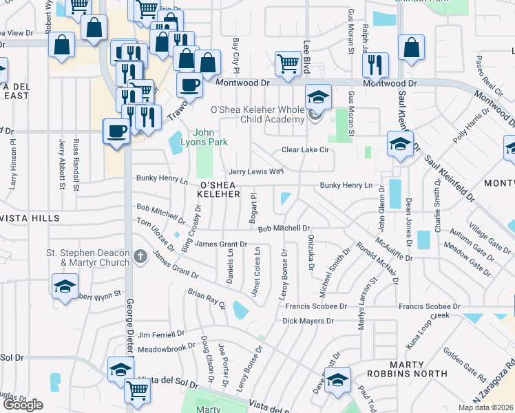 map of restaurants, bars, coffee shops, grocery stores, and more near 1721 Bogart Place in El Paso