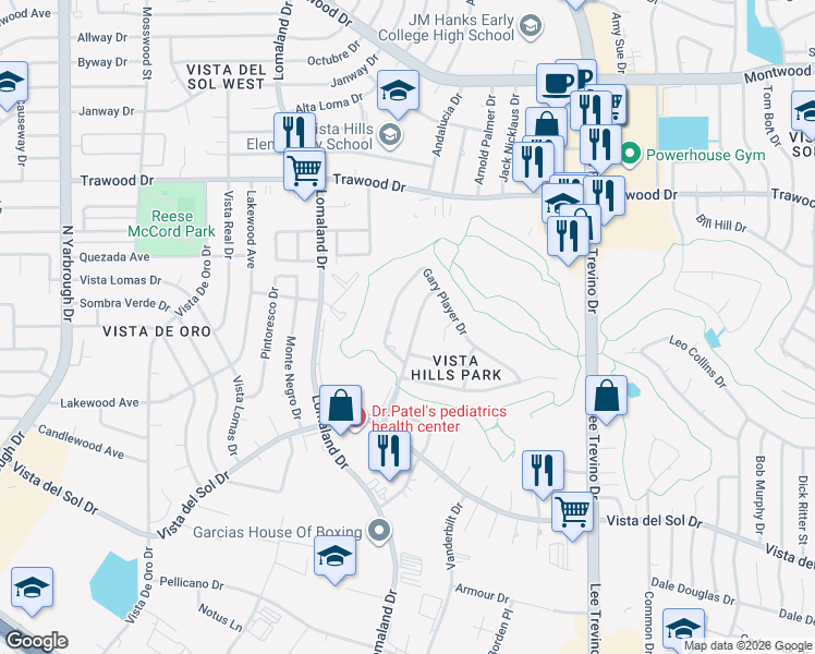 map of restaurants, bars, coffee shops, grocery stores, and more near 1717 Bruce Devlin Drive in El Paso