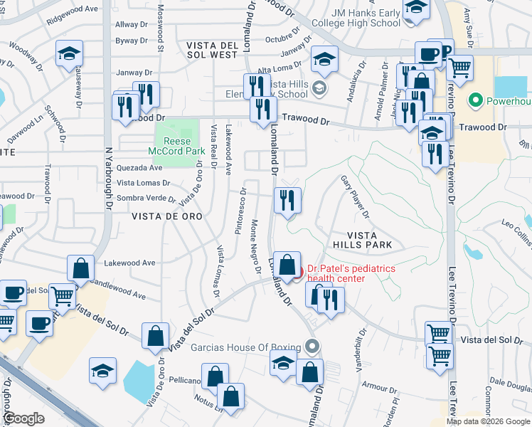 map of restaurants, bars, coffee shops, grocery stores, and more near 1460 Monte Negro Drive in El Paso