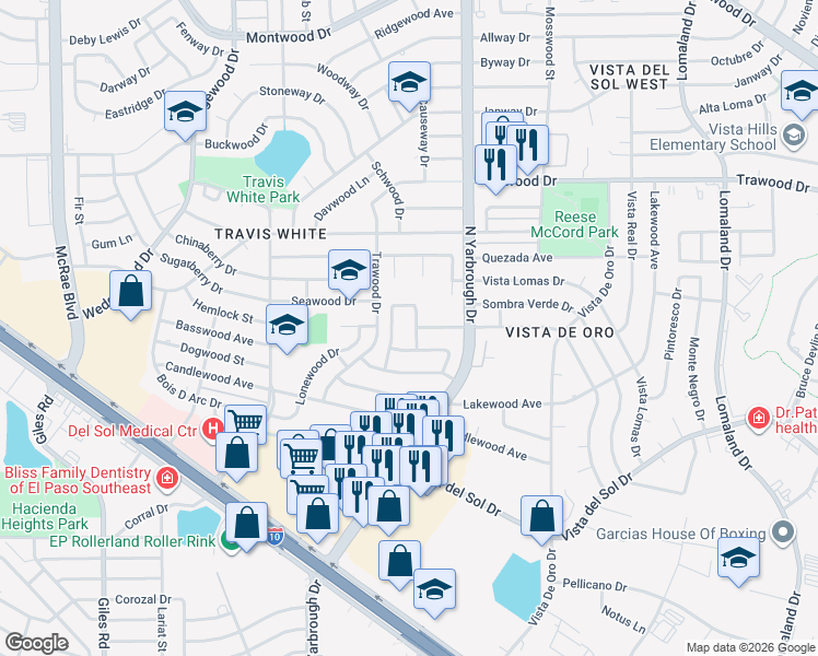 map of restaurants, bars, coffee shops, grocery stores, and more near 1324 Hookridge Drive in El Paso