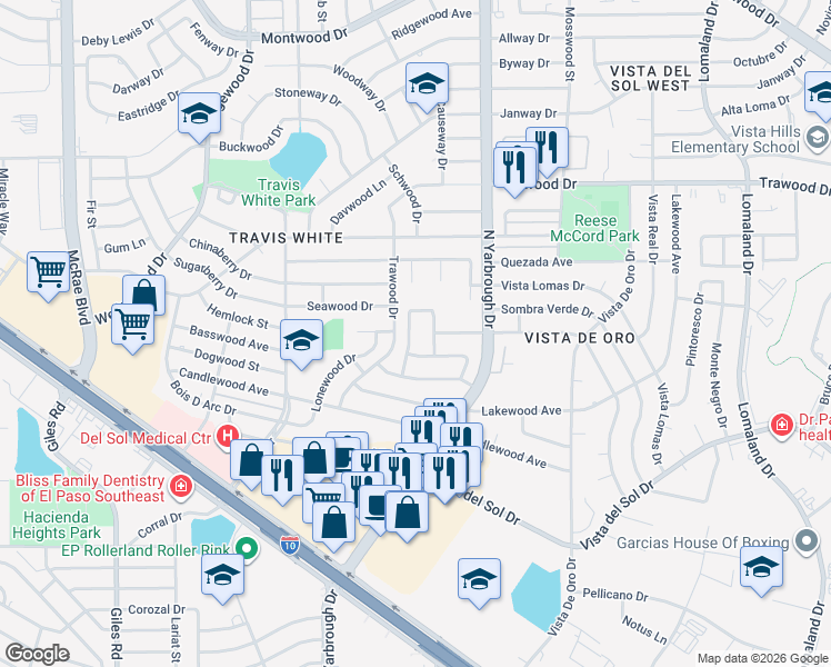 map of restaurants, bars, coffee shops, grocery stores, and more near 1324 Hookridge Drive in El Paso