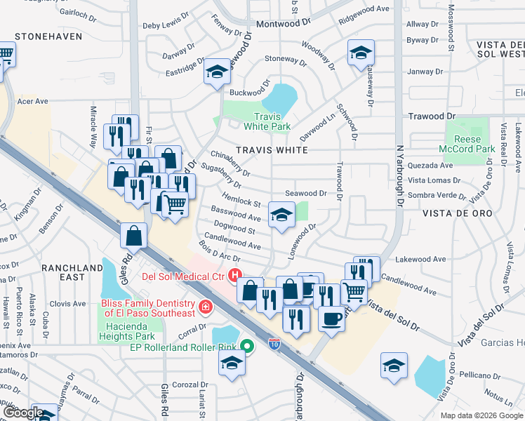 map of restaurants, bars, coffee shops, grocery stores, and more near 7912 Hemlock Street in El Paso
