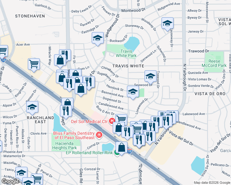 map of restaurants, bars, coffee shops, grocery stores, and more near 7912 Hemlock Street in El Paso