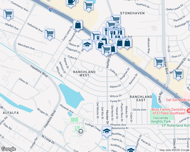 map of restaurants, bars, coffee shops, grocery stores, and more near 7400 Mojave Drive in El Paso