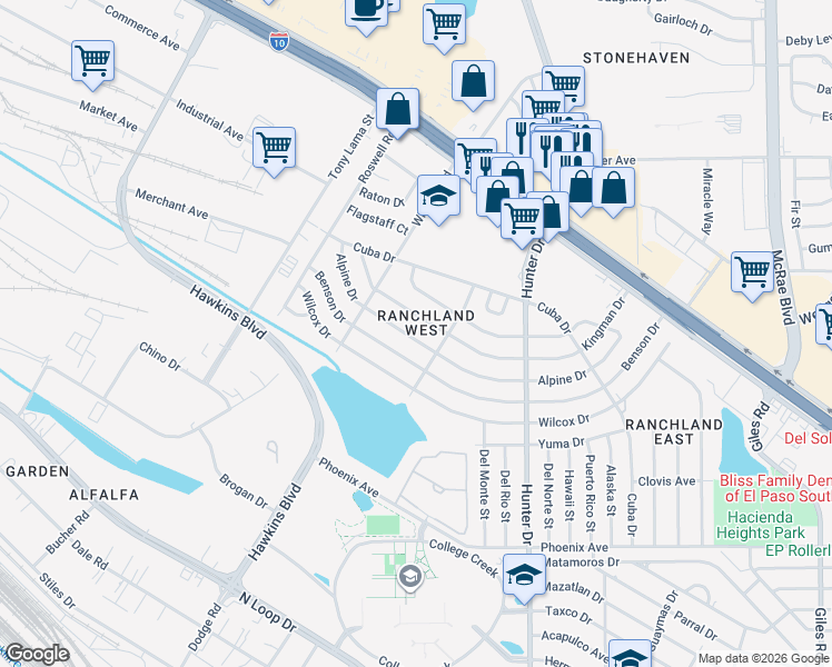 map of restaurants, bars, coffee shops, grocery stores, and more near 7318 Kingman Drive in El Paso
