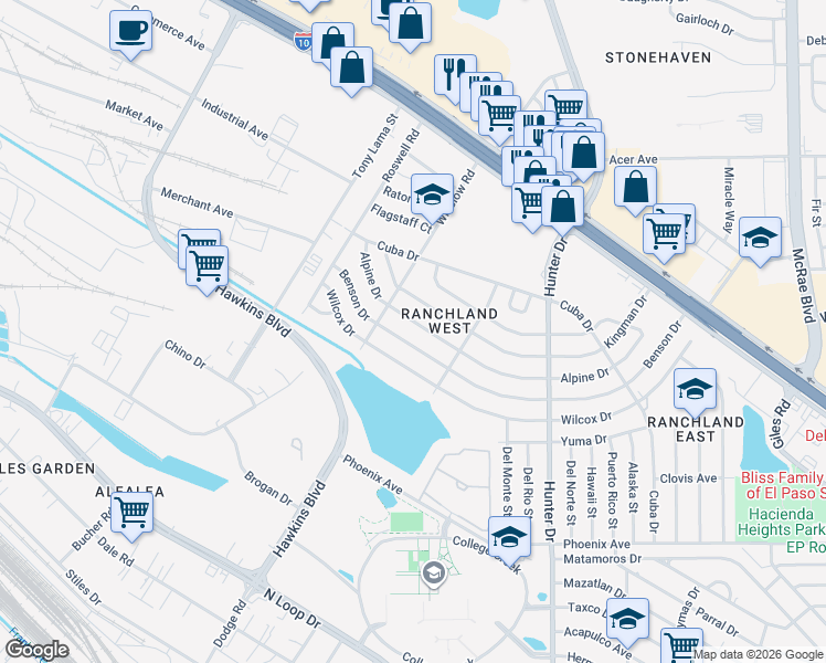 map of restaurants, bars, coffee shops, grocery stores, and more near 7314 Alpine Drive in El Paso