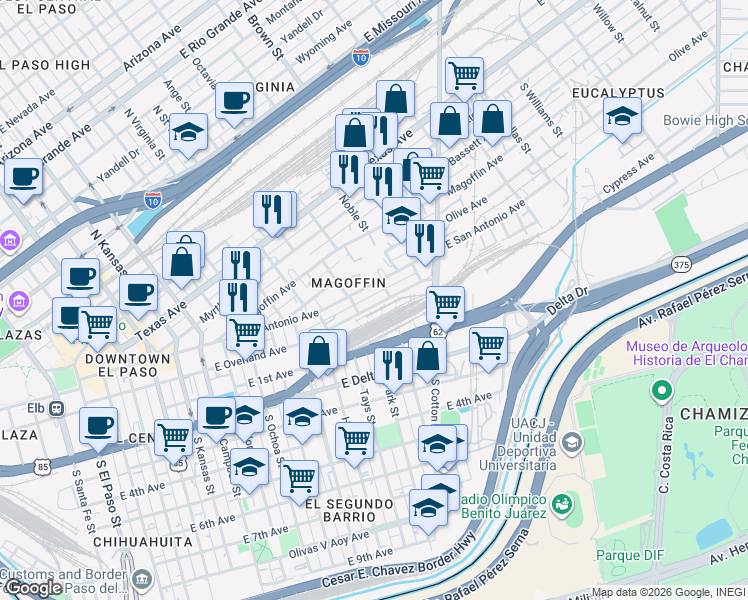 map of restaurants, bars, coffee shops, grocery stores, and more near 111 Park Street in El Paso