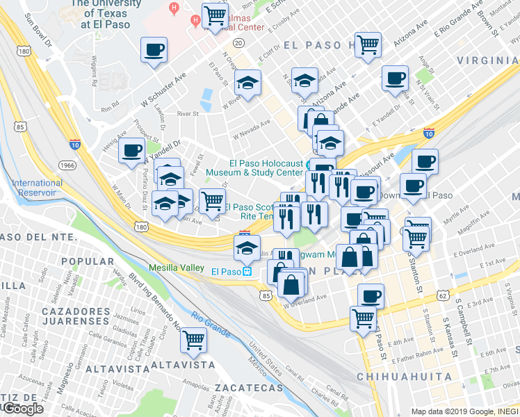 map of restaurants, bars, coffee shops, grocery stores, and more near 516 Prospect Street in El Paso