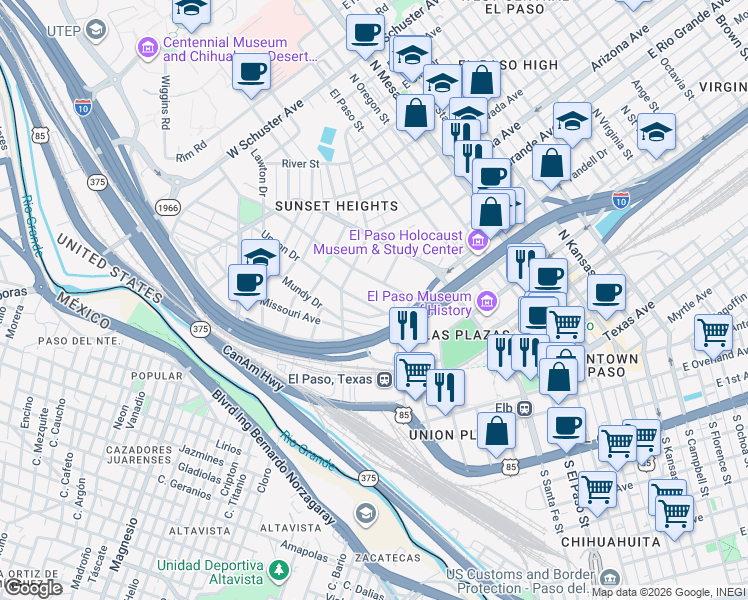 map of restaurants, bars, coffee shops, grocery stores, and more near 649 Upson Drive in El Paso