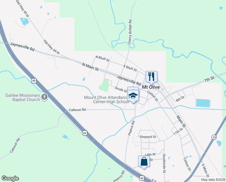 map of restaurants, bars, coffee shops, grocery stores, and more near 109 South Street in Mount Olive