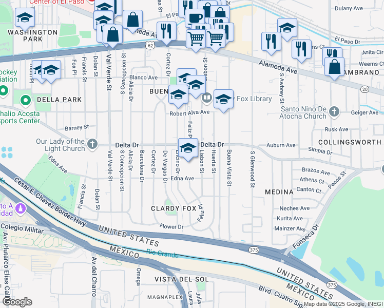 map of restaurants, bars, coffee shops, grocery stores, and more near 5508 Delta Drive in El Paso