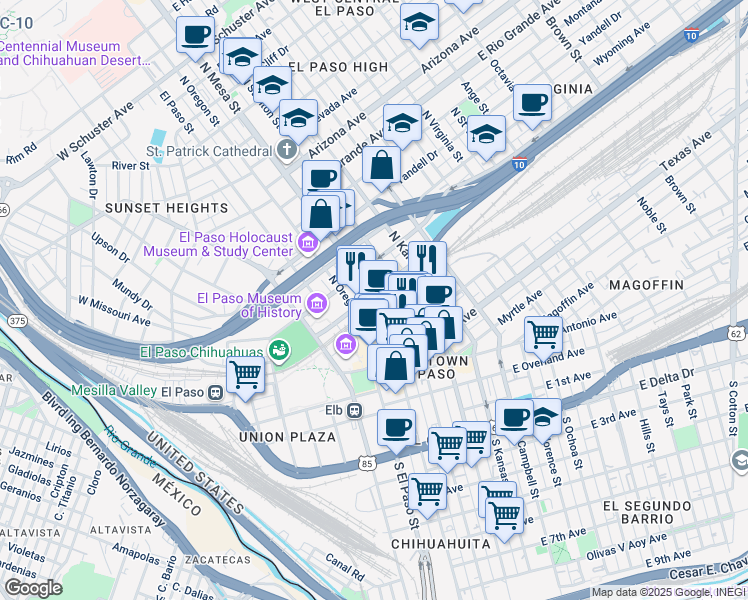 map of restaurants, bars, coffee shops, grocery stores, and more near 501 North Mesa Street in El Paso
