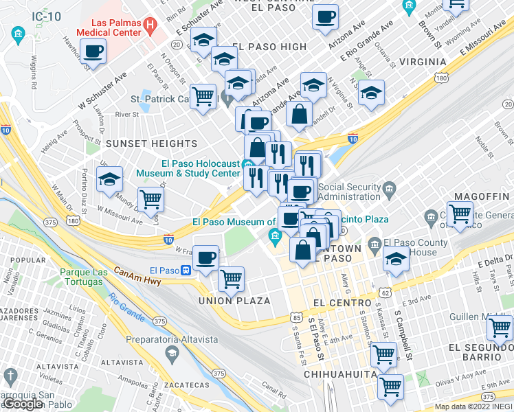 map of restaurants, bars, coffee shops, grocery stores, and more near 600 El Paso Street in El Paso