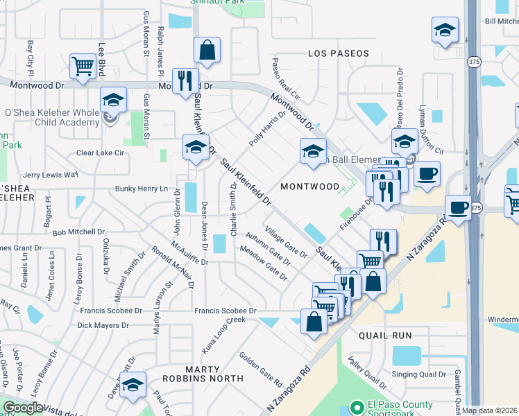 map of restaurants, bars, coffee shops, grocery stores, and more near 12001 Crest Gate Way in El Paso