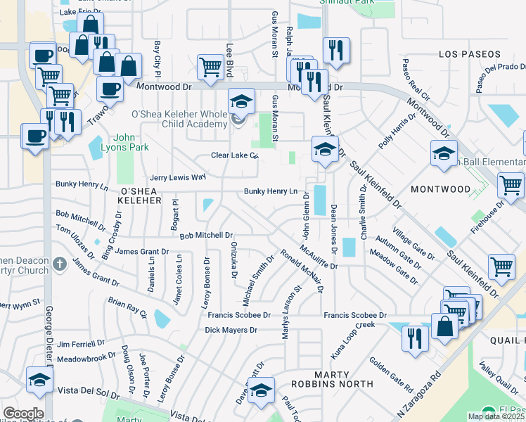 map of restaurants, bars, coffee shops, grocery stores, and more near 1821 Ed White Way in El Paso