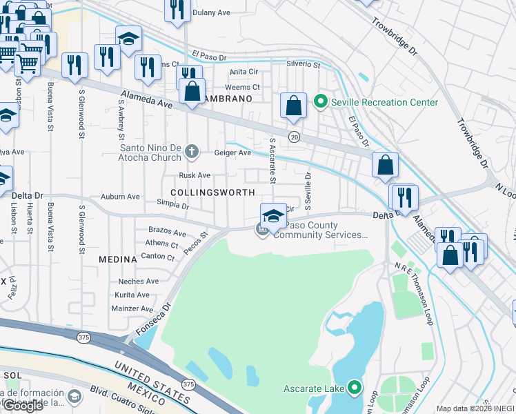 map of restaurants, bars, coffee shops, grocery stores, and more near 311-389 Ben Garza Drive in El Paso