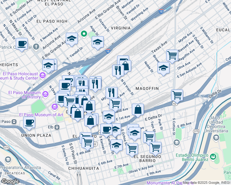 map of restaurants, bars, coffee shops, grocery stores, and more near 708 Myrtle Avenue in El Paso