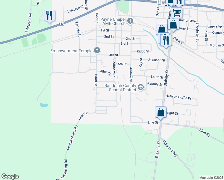 map of restaurants, bars, coffee shops, grocery stores, and more near 88 Cedar Street in Cuthbert