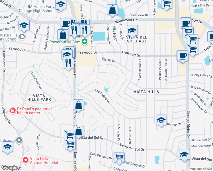map of restaurants, bars, coffee shops, grocery stores, and more near 1723 Billy Casper Drive in El Paso