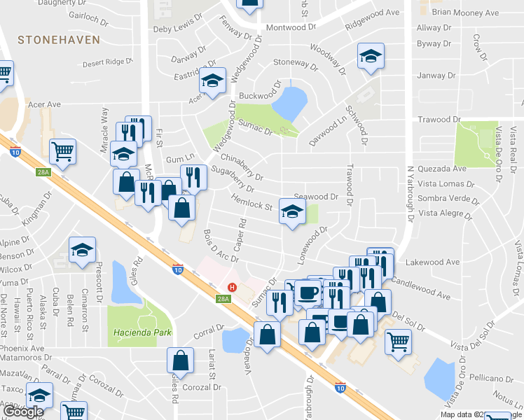 map of restaurants, bars, coffee shops, grocery stores, and more near 7912 Hemlock Street in El Paso