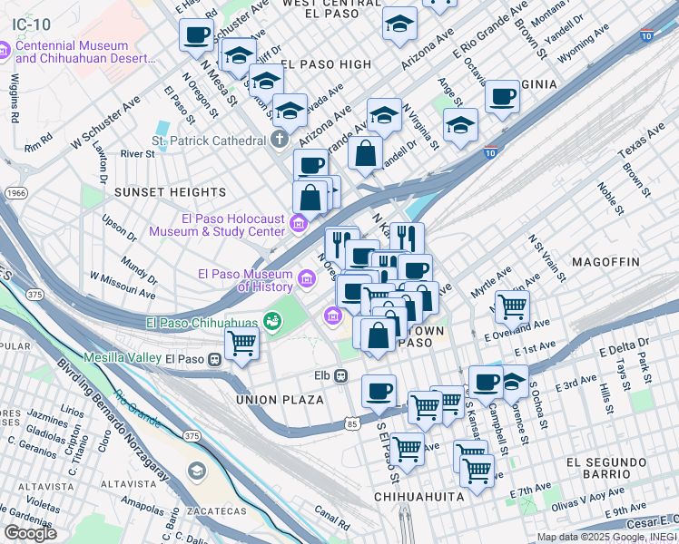 map of restaurants, bars, coffee shops, grocery stores, and more near 501 North Mesa Street in El Paso