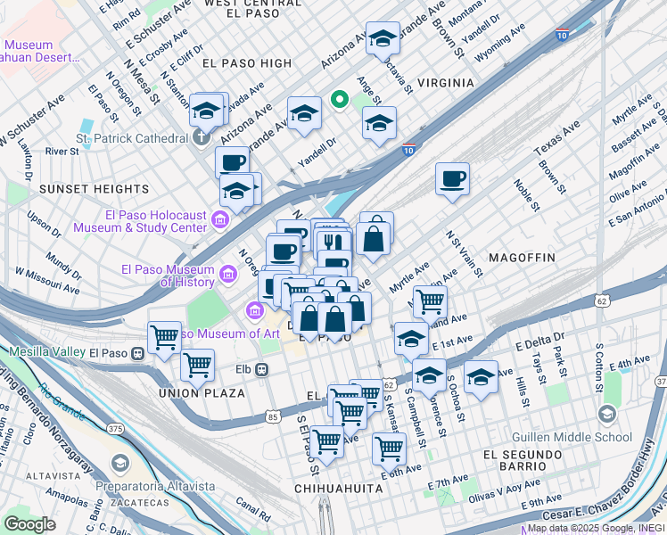 map of restaurants, bars, coffee shops, grocery stores, and more near 317 North Kansas Street in El Paso