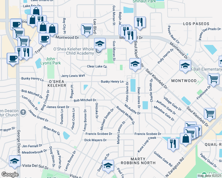 map of restaurants, bars, coffee shops, grocery stores, and more near 1821 Ed White Way in El Paso