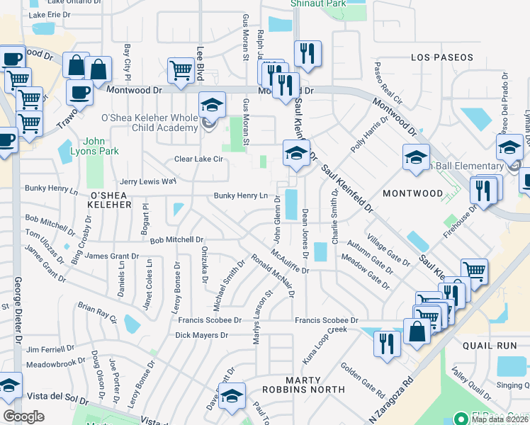 map of restaurants, bars, coffee shops, grocery stores, and more near 11732 Roger Chaffee Lane in El Paso