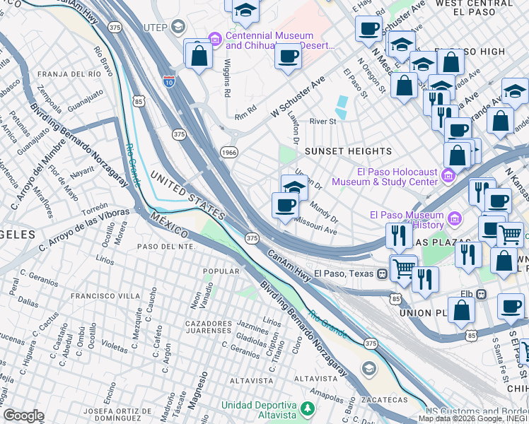 map of restaurants, bars, coffee shops, grocery stores, and more near 1229 West Main Drive in El Paso