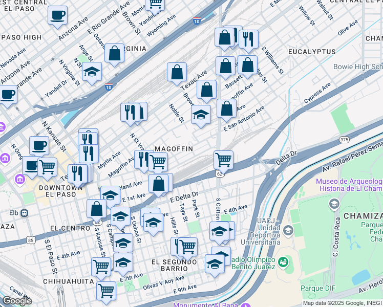 map of restaurants, bars, coffee shops, grocery stores, and more near 111 Park Street in El Paso