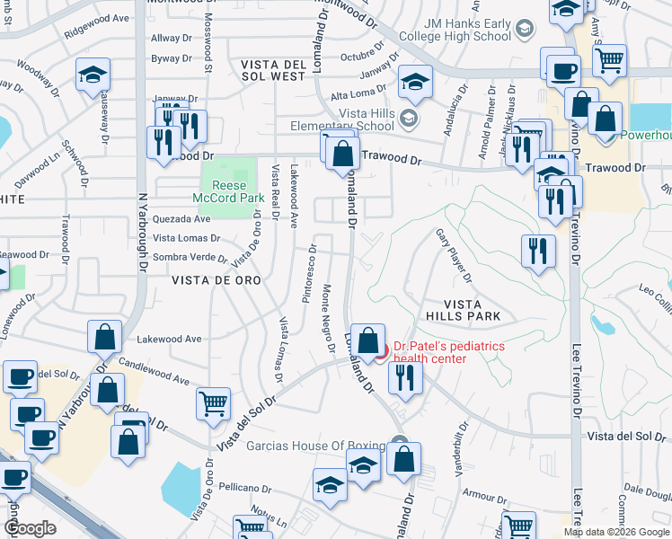 map of restaurants, bars, coffee shops, grocery stores, and more near 1460 Monte Negro Drive in El Paso