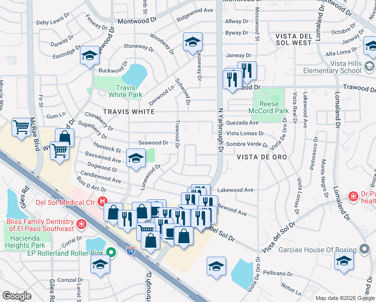 map of restaurants, bars, coffee shops, grocery stores, and more near 1324 Hookridge Drive in El Paso
