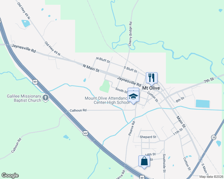 map of restaurants, bars, coffee shops, grocery stores, and more near 109 South Street in Mount Olive