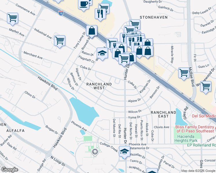 map of restaurants, bars, coffee shops, grocery stores, and more near 7400 Mojave Drive in El Paso
