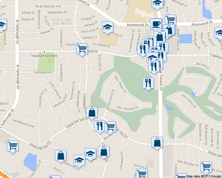 map of restaurants, bars, coffee shops, grocery stores, and more near 1717 Bruce Devlin Drive in El Paso