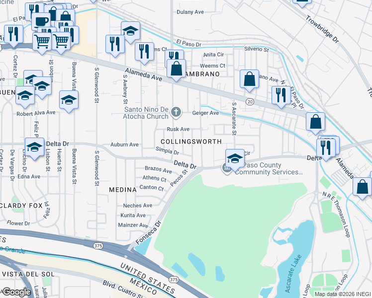 map of restaurants, bars, coffee shops, grocery stores, and more near 272 Navasota Place in El Paso