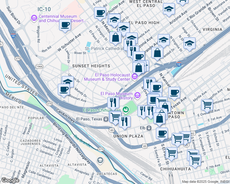 map of restaurants, bars, coffee shops, grocery stores, and more near 417 Prospect Street in El Paso